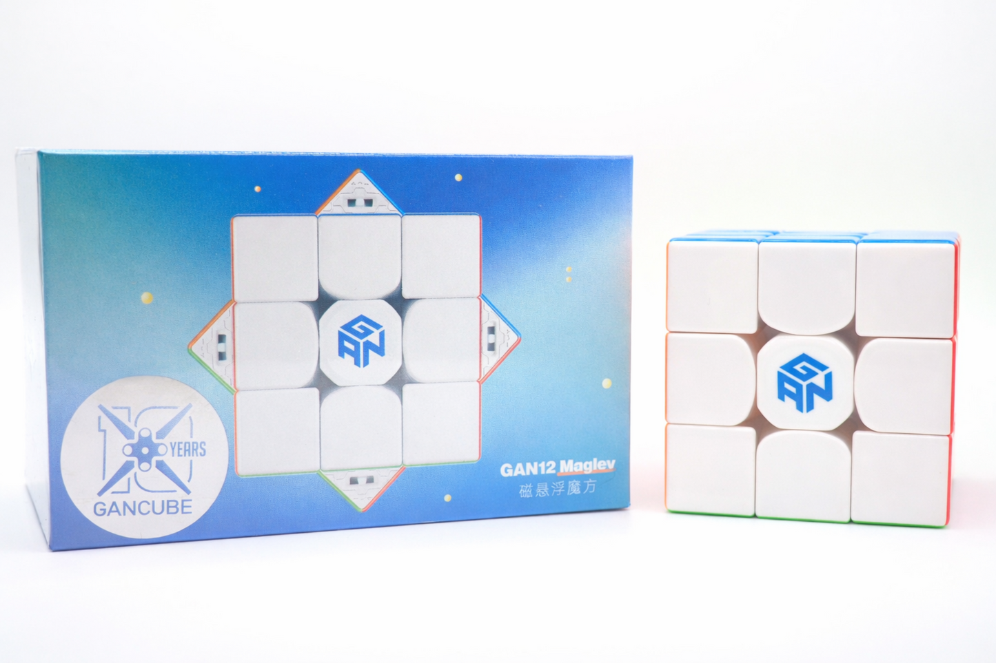 Gan12 gancube Rubik's cube with a blue and white box featuring a logo on a white background